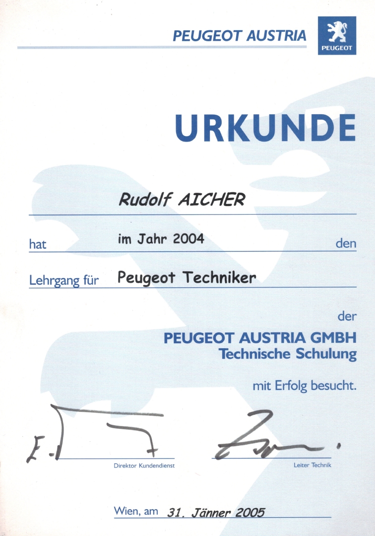 Urkunde Peugeot Techniker R.Aicher