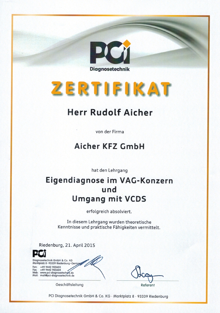 Zertifikat Eigendiagnose im VAG Konzern Umgang mit VCDS Aicher KFZ GmbH
